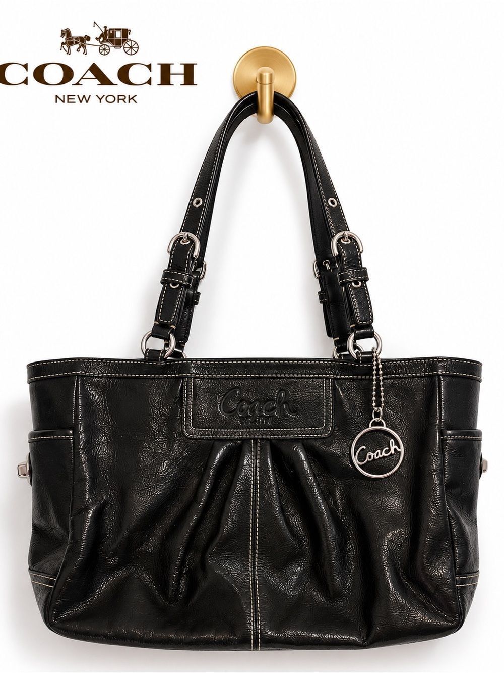 Coach East West Gallery Pleated Patent Leather Tote Shoulder Bag – Black